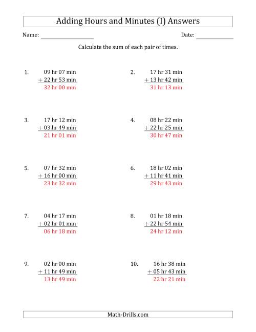 The Adding Hours and Minutes (Long Format) (I) Math Worksheet Page 2
