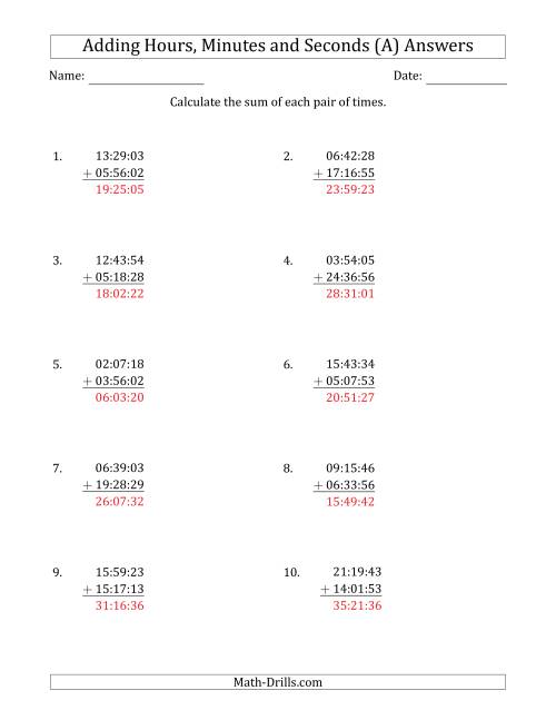 The Adding Hours, Minutes and Seconds (Compact Format) (A) Math Worksheet Page 2