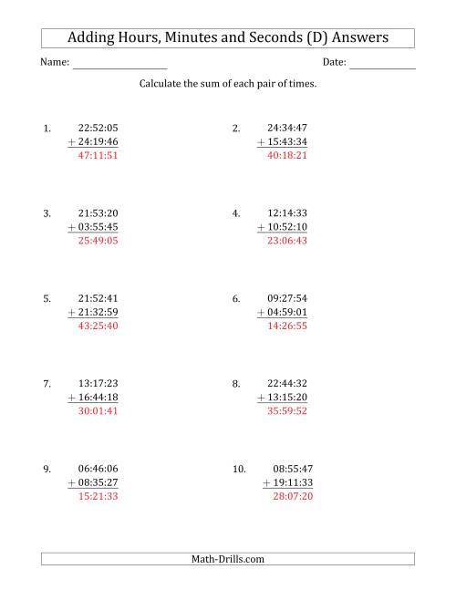 The Adding Hours, Minutes and Seconds (Compact Format) (D) Math Worksheet Page 2