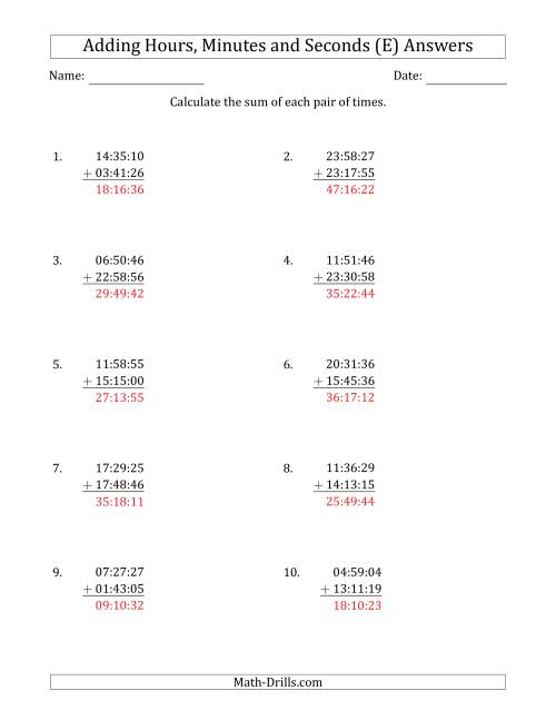 The Adding Hours, Minutes and Seconds (Compact Format) (E) Math Worksheet Page 2