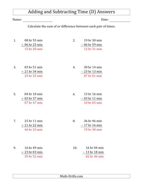 The Adding and Subtracting Hours and Minutes (Long Format) (D) Math Worksheet Page 2