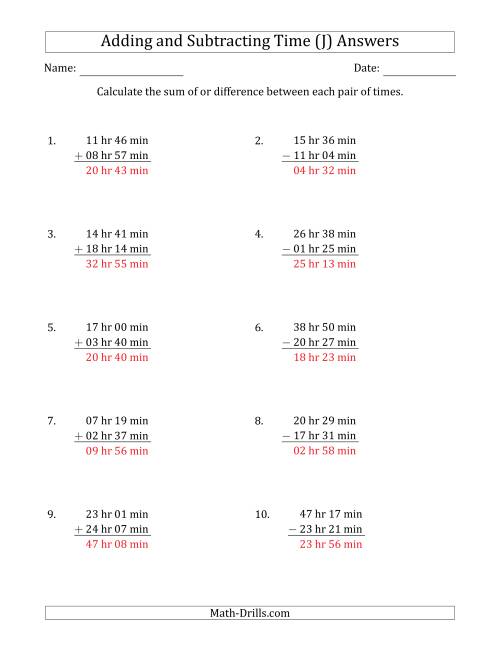 The Adding and Subtracting Hours and Minutes (Long Format) (J) Math Worksheet Page 2