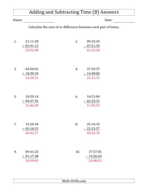 The Adding and Subtracting Hours, Minutes and Seconds (Compact Format) (B) Math Worksheet Page 2