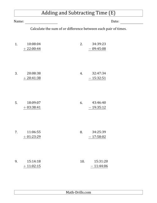 The Adding and Subtracting Hours, Minutes and Seconds (Compact Format) (E) Math Worksheet