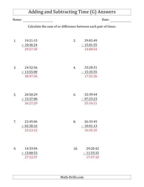 The Adding and Subtracting Hours, Minutes and Seconds (Compact Format) (G) Math Worksheet Page 2