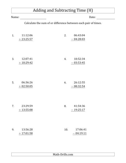 The Adding and Subtracting Hours, Minutes and Seconds (Compact Format) (H) Math Worksheet