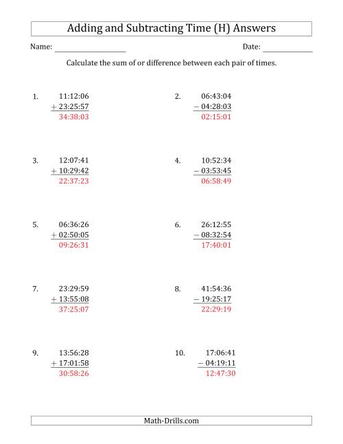 The Adding and Subtracting Hours, Minutes and Seconds (Compact Format) (H) Math Worksheet Page 2