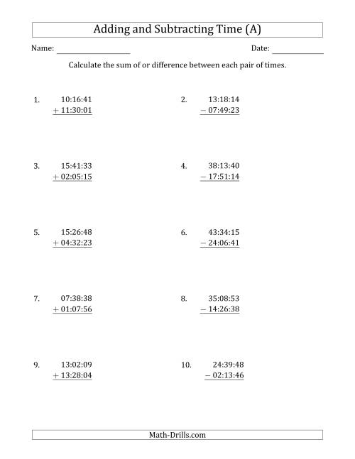 The Adding and Subtracting Hours, Minutes and Seconds (Compact Format) (All) Math Worksheet