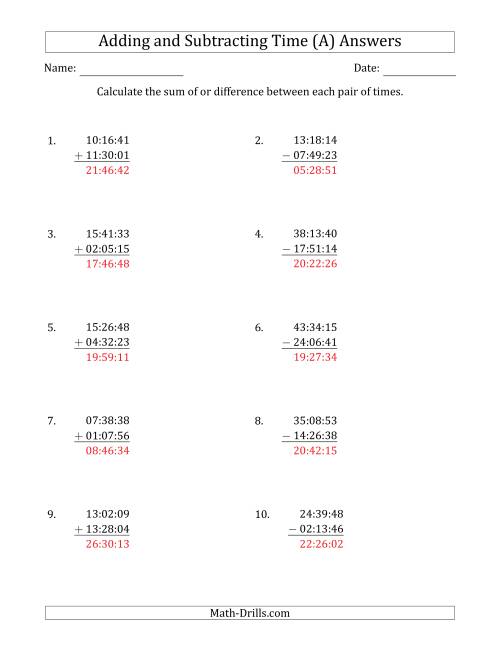 The Adding and Subtracting Hours, Minutes and Seconds (Compact Format) (All) Math Worksheet Page 2