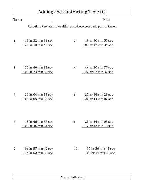 The Adding and Subtracting Hours, Minutes and Seconds (Long Format) (G) Math Worksheet