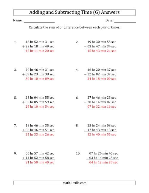 The Adding and Subtracting Hours, Minutes and Seconds (Long Format) (G) Math Worksheet Page 2