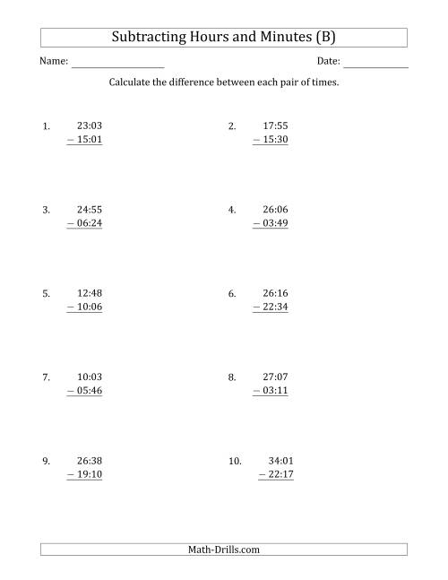 The Subtracting Hours and Minutes (Compact Format) (B) Math Worksheet
