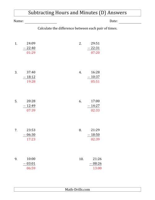 The Subtracting Hours and Minutes (Compact Format) (D) Math Worksheet Page 2