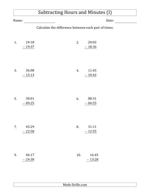 The Subtracting Hours and Minutes (Compact Format) (I) Math Worksheet