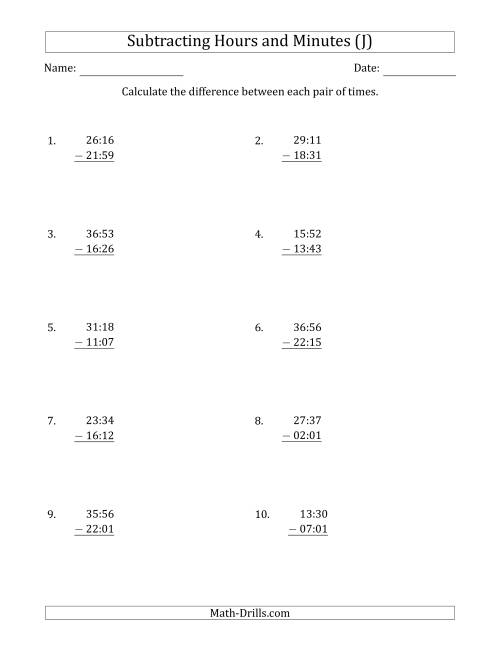 The Subtracting Hours and Minutes (Compact Format) (J) Math Worksheet