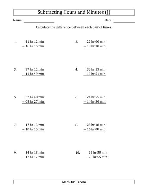 The Subtracting Hours and Minutes (Long Format) (J) Math Worksheet