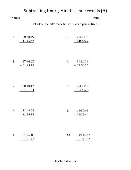 The Subtracting Hours, Minutes and Seconds (Compact Format) (A) Math Worksheet