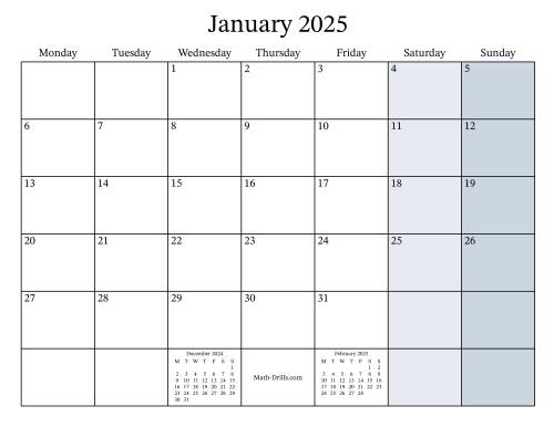 The Fillable 2025 Monthly Calendar with Monday as the First Day Math Worksheet