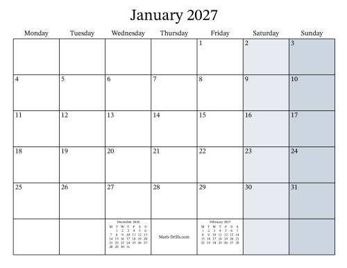 The Fillable 2027 Monthly Calendar with Monday as the First Day Math Worksheet