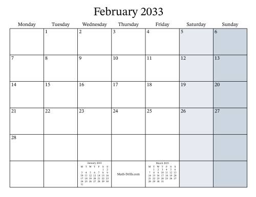 The Fillable 2033 Monthly Calendar with Monday as the First Day Math Worksheet Page 2