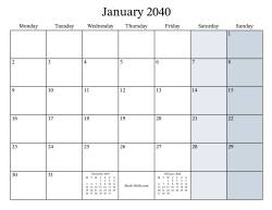 Fillable 2040 Monthly Calendar with Monday as the First Day