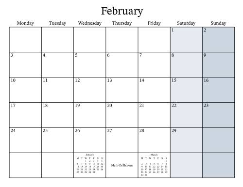 The Fillable General Leap Year Monthly Calendar with January 1 on a Wednesday (Monday to Sunday Format) Math Worksheet Page 2