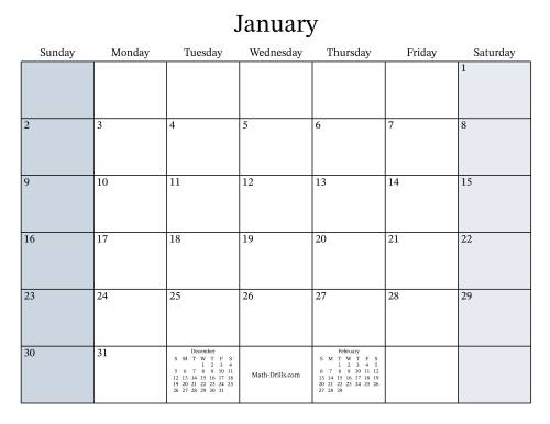 The Fillable General Leap Year Monthly Calendar with January 1 on a Saturday (Sunday to Saturday Format) Math Worksheet
