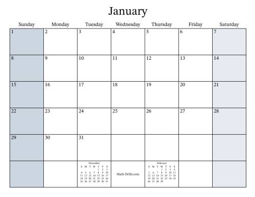 The Fillable General Leap Year Monthly Calendar with January 1 on a Sunday (Sunday to Saturday Format) Math Worksheet
