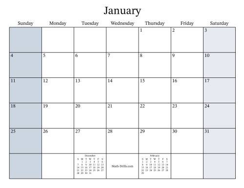 The Fillable General Leap Year Monthly Calendar with January 1 on a Thursday (Sunday to Saturday Format) Math Worksheet