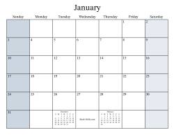 Fillable General Monthly Calendar with January 1 on a Friday (Sunday to Saturday Format)