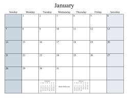 Fillable General Monthly Calendar with January 1 on a Monday (Sunday to Saturday Format)