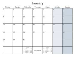 Fillable General Monthly Calendar with January 1 on a Monday (Monday to Sunday Format)