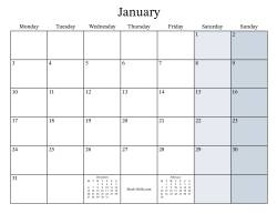 Fillable General Monthly Calendar with January 1 on a Saturday (Monday to Sunday Format)