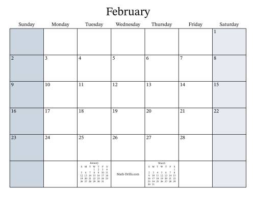 The Fillable General Monthly Calendar with January 1 on a Wednesday (Sunday to Saturday Format) Math Worksheet Page 2
