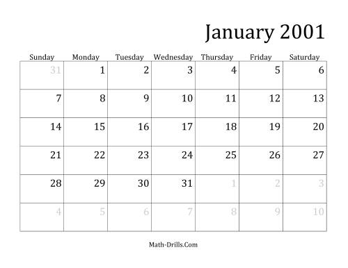 The 2001 Monthly Calendar Math Worksheet
