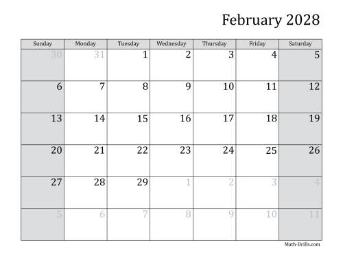 The 2028 Monthly Calendar Math Worksheet Page 2