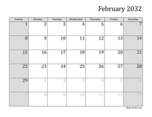 The 2032 Monthly Calendar Math Worksheet Page 2