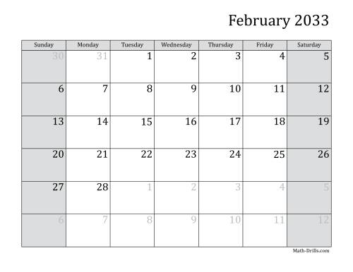 The 2033 Monthly Calendar Math Worksheet Page 2
