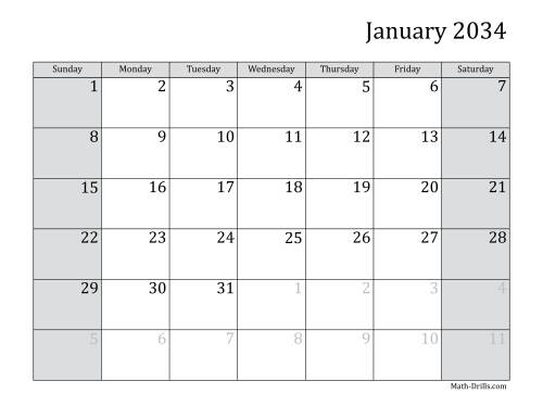 The 2034 Monthly Calendar Math Worksheet