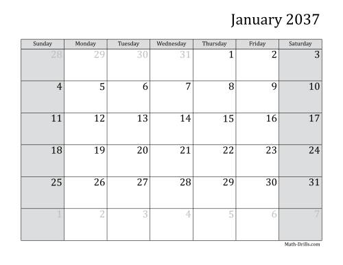 The 2037 Monthly Calendar Math Worksheet