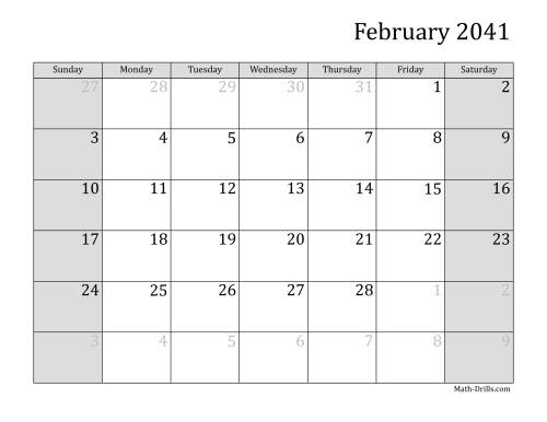 The 2041 Monthly Calendar Math Worksheet Page 2