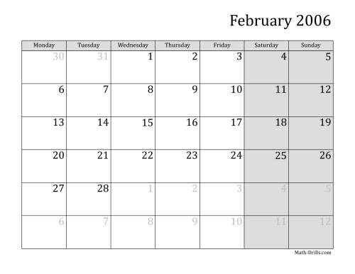 The 2006 Monthly Calendar with Monday as the First Day Math Worksheet Page 2