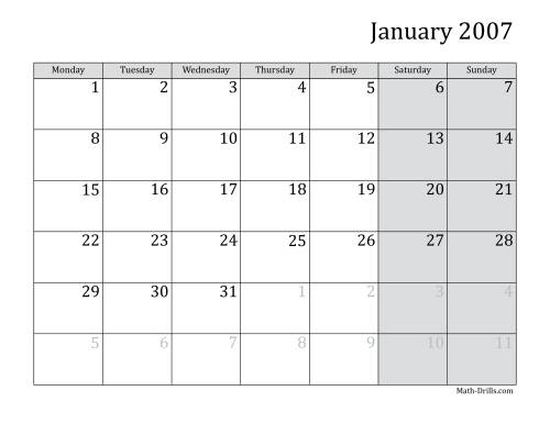 The 2007 Monthly Calendar with Monday as the First Day Math Worksheet