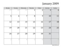 2009 Monthly Calendar with Monday as the First Day