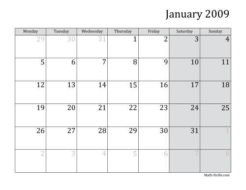 The 2009 Monthly Calendar with Monday as the First Day Math Worksheet