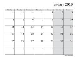 2010 Monthly Calendar with Monday as the First Day