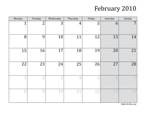 The 2010 Monthly Calendar with Monday as the First Day Math Worksheet Page 2