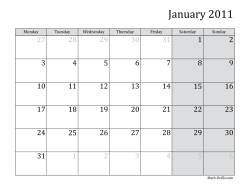 2011 Monthly Calendar with Monday as the First Day