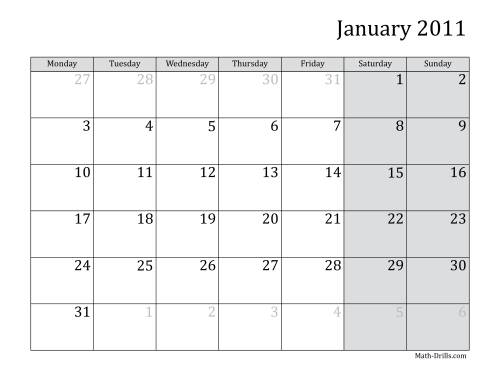 The 2011 Monthly Calendar with Monday as the First Day Math Worksheet