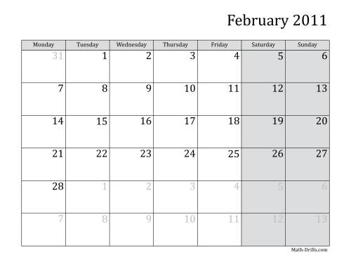 The 2011 Monthly Calendar with Monday as the First Day Math Worksheet Page 2